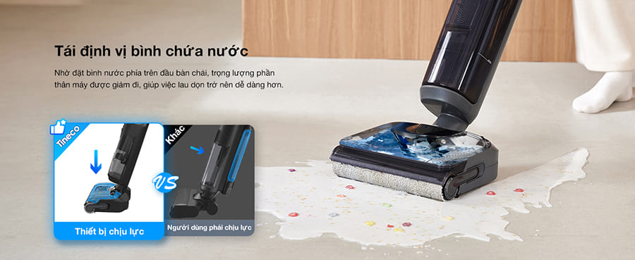 Điểm nhấn nổi bật của Tineco FLOOR ONE S6 Stretch Extreme Ecovacs Bình chứa nước sạch được tái định vị lên đầu máy