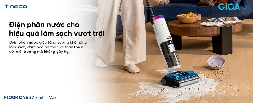 Tineco Floor One S7 Stretch Max - máy hút bụi lau sàn khô ướt Floor One S7 Stretch Max khử trùng an toàn, thân thiện với môi trường nhờ công nghệ điện phân nước