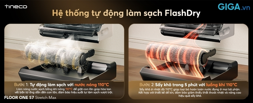 Tineco Floor One S7 Stretch Max - Hệ thống tự động làm sạch FlashDry trên máy hút bụi lau sàn khô ướt S7 Stretch Max