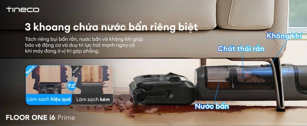Tineco Floor One i6 Prime - Ba khoang chứa nước bẩn riêng biệt