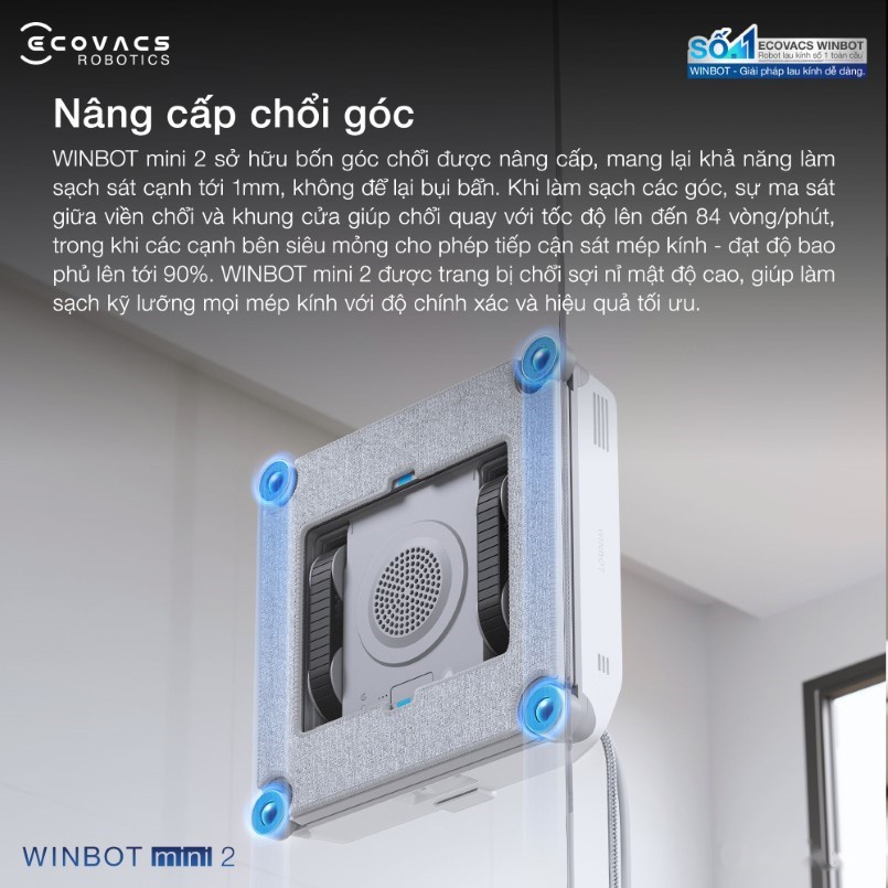 Chổi góc xoay 84 vòng/phút cọ sạch sát viền khung kính 1mm