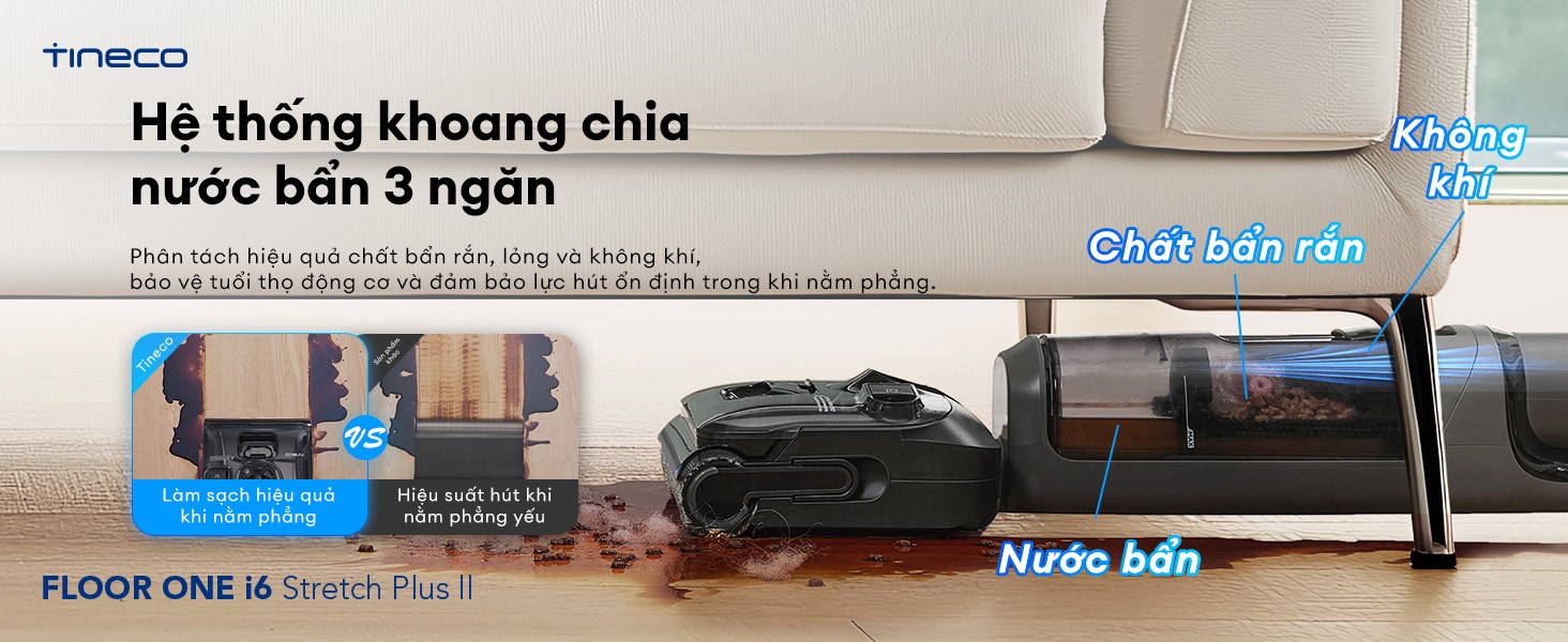 Máy hút bụi lau sàn khô ướt Tineco Floor One i6 Stretch Plus II Ecovacs Hệ thống khoang chứa nước bẩn 3 ngăn chống tràn ngược vào động cơ khi ngả phẳng