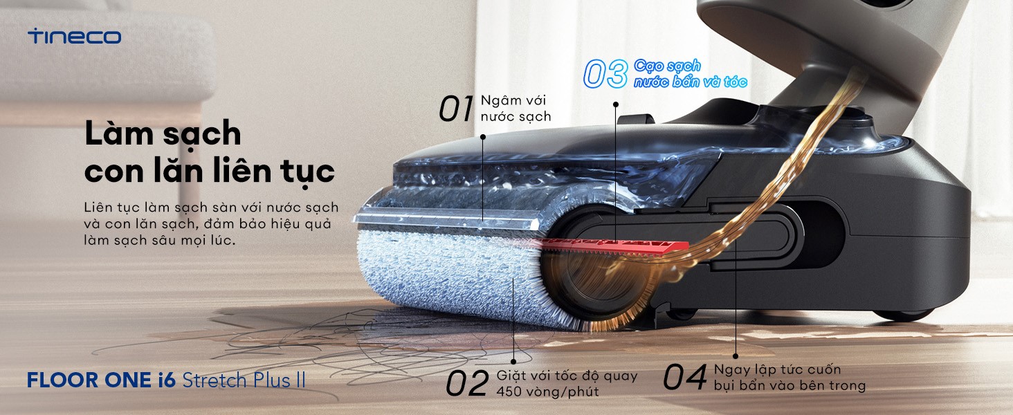 Máy hút bụi lau sàn khô ướt Tineco Floor One i6 Stretch Plus II Ecovacs Công nghệ làm sạch con lăn liên tục bằng nước sạch MHCBS