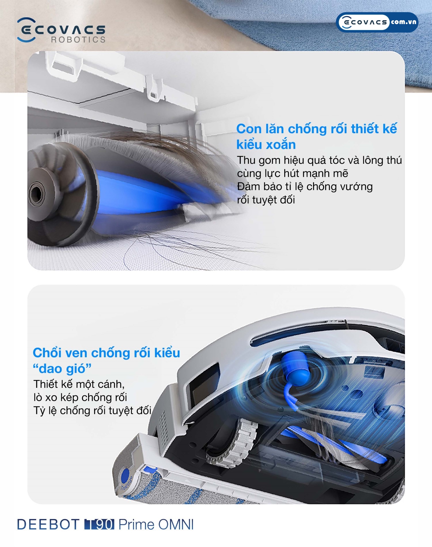 Robot hút bụi lau nhà Ecovacs Deebot T90 Prime Omni Ecovacs Chổi cạnh ARClean thiết kế 1 cánh dạng lưỡi dao gió gắn 2 lò xo đàn hồi chống quấn tóc