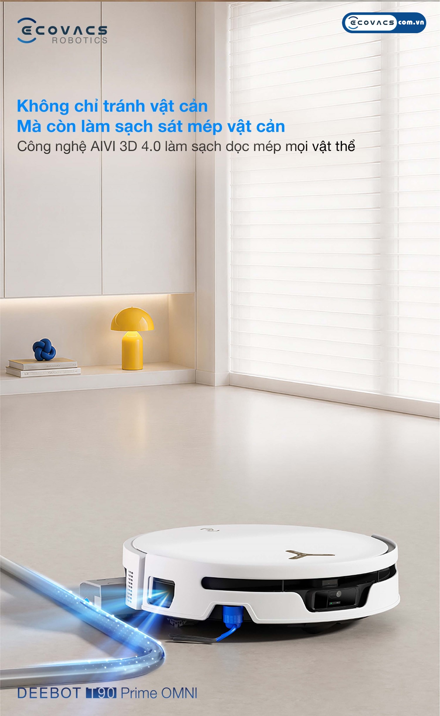 Robot hút bụi lau nhà Ecovacs Deebot T90 Prime Omni Ecovacs Công nghệ AIVI 3D 4.0 nhận diện chính xác hình dáng và đường viền vật cản trên sàn