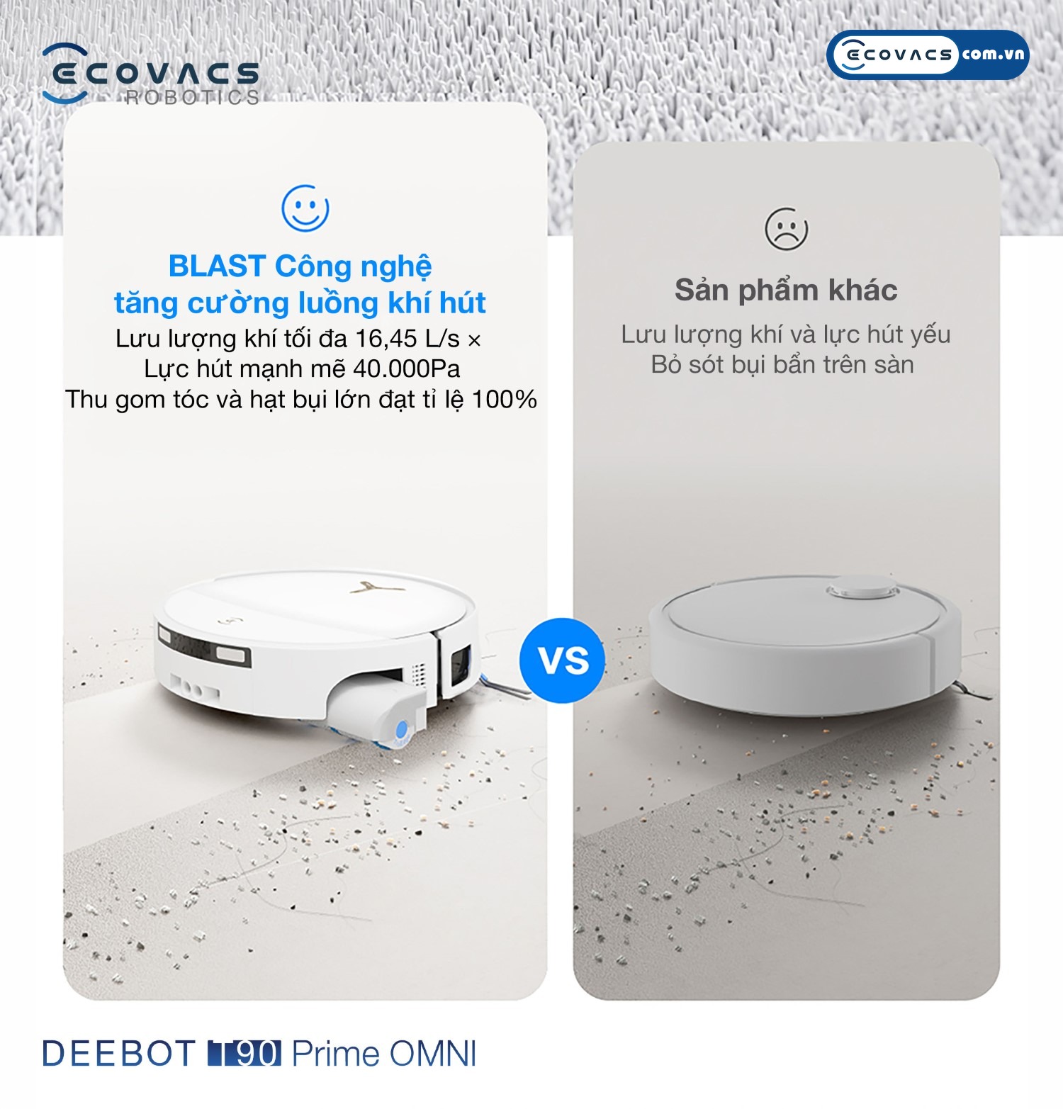 Robot hút bụi lau nhà Ecovacs Deebot T90 Prime Omni Ecovacs Hiệu suất thu gom tới 99.9% bụi mịn, tóc rụng, lông thú cưng và hạt lớn trên sàn nhà