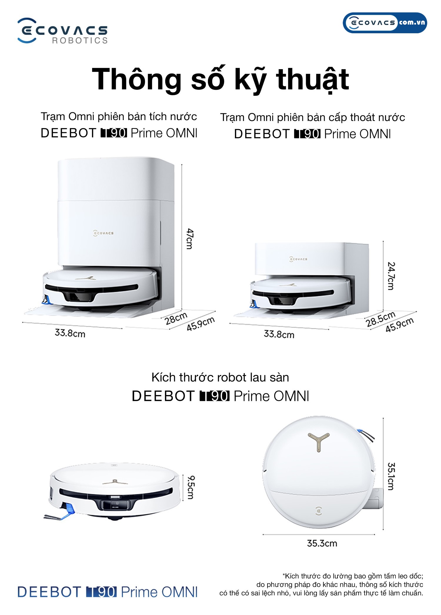 Robot hút bụi lau nhà Ecovacs Deebot T90 Prime Omni Ecovacs Viên pin 5.200mAh bền bỉ và kích thước chi tiết 2 phiên bản trạm sạc của Ecovacs Deebot T90 Prime Omni