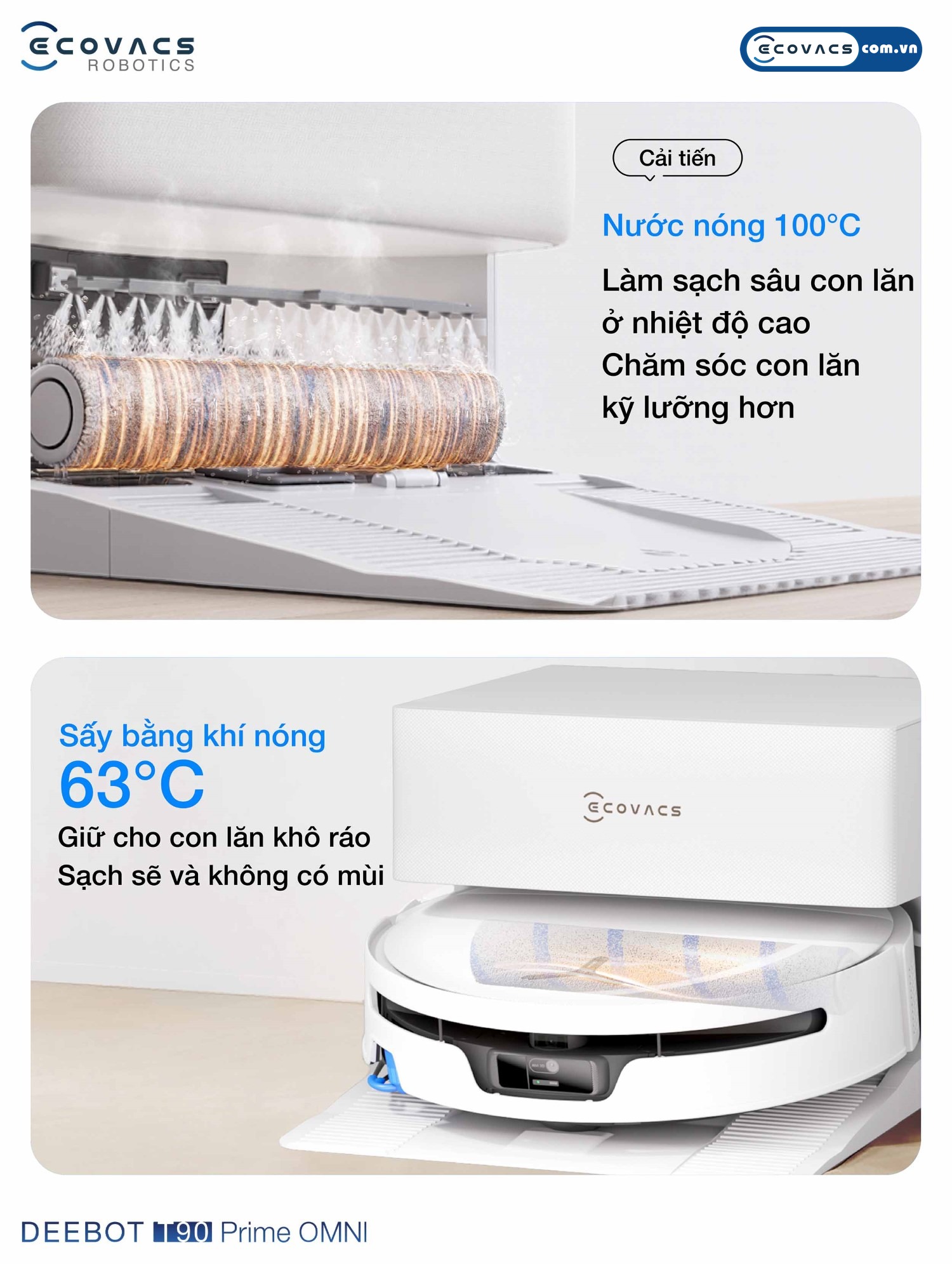 Robot hút bụi lau nhà Ecovacs Deebot T90 Prime Omni Ecovacs Sấy khô bằng khí nóng 63°C, tự động thu gom bụi vào túi rác 2.5L và sạc giờ thấp điểm