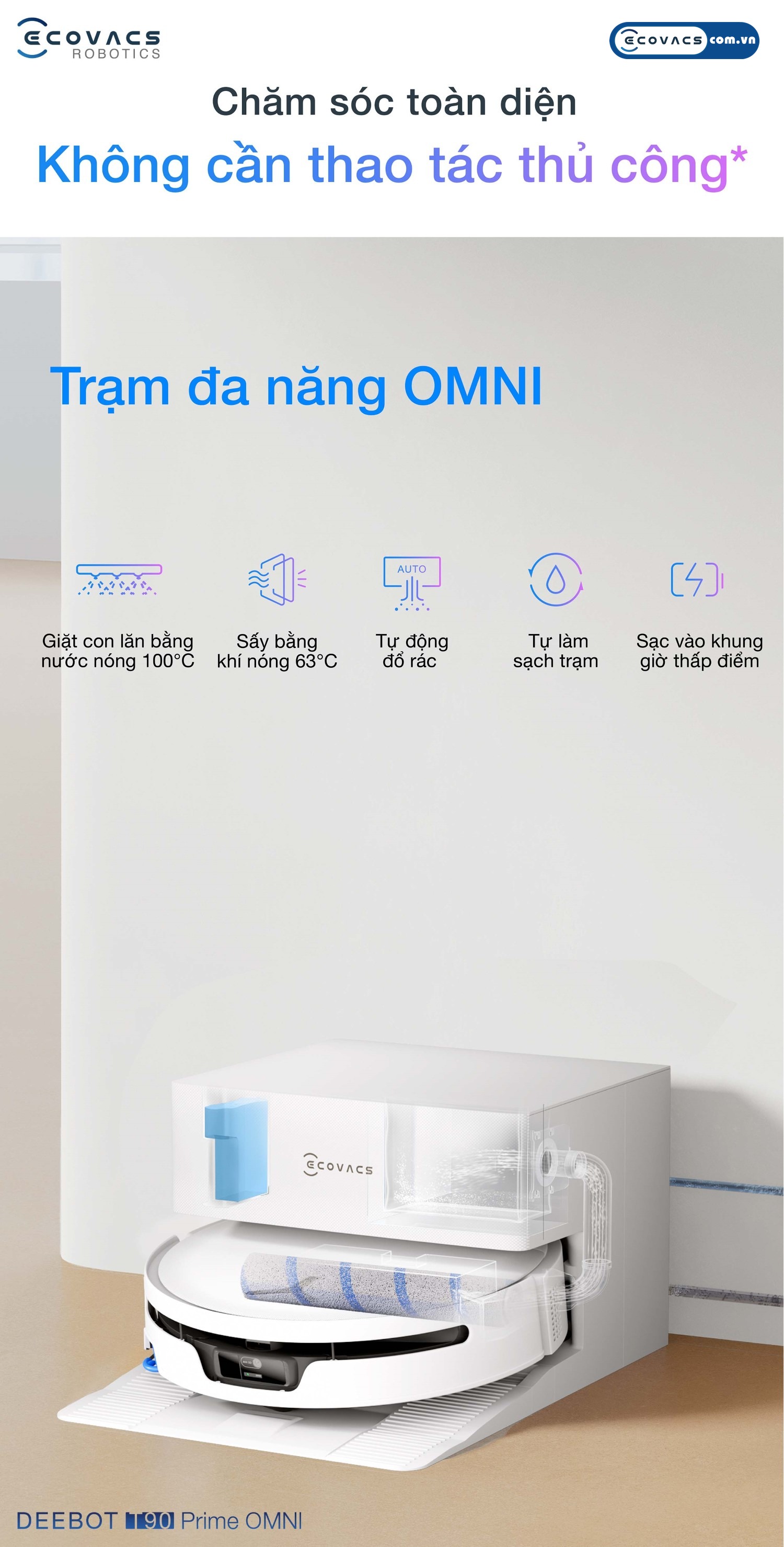 Robot hút bụi lau nhà Ecovacs Deebot T90 Prime Omni Ecovacs Trạm sạc đa năng OMNI tự động hóa toàn diện quy trình giặt, sấy và thu gom rác