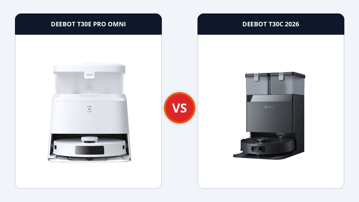 So sánh Ecovacs Deebot T30E Pro Omni và T30C 2026: Nâng cấp lực hút 20.000Pa và Giặt nước nóng 75°C Ecovacs So sánh đối đầu DEEBOT T30E PRO OMNI và DEEBOT T30C 2026
