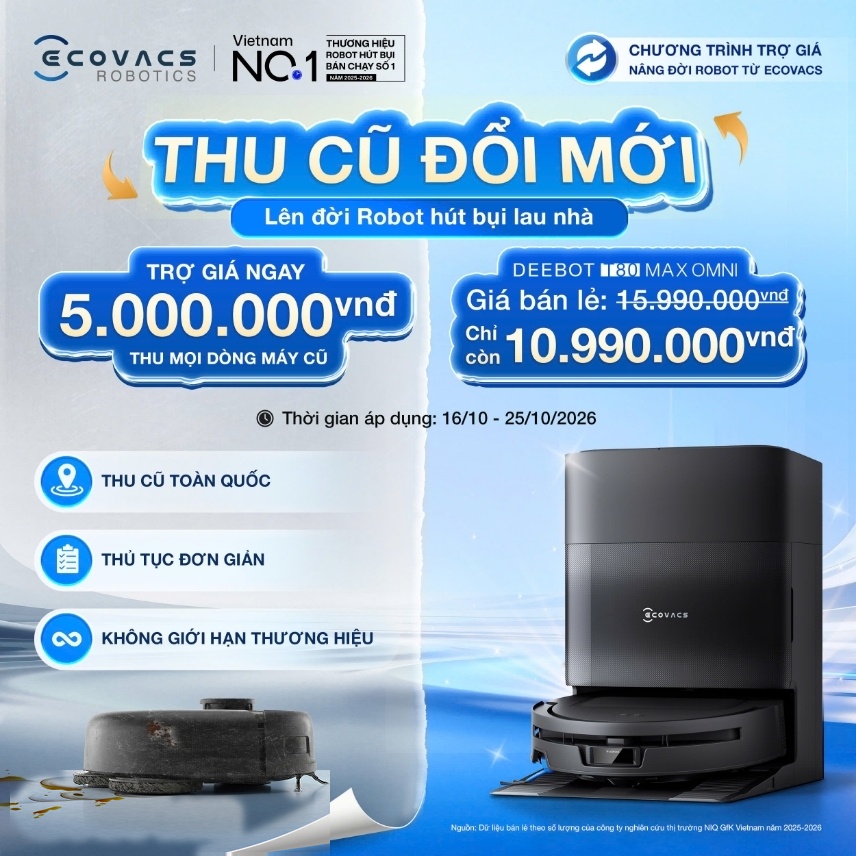 Chi tiết chương trình Thu cũ đổi mới trợ giá 5.000.000đ khi mua Ecovacs Deebot T80 Max Omni