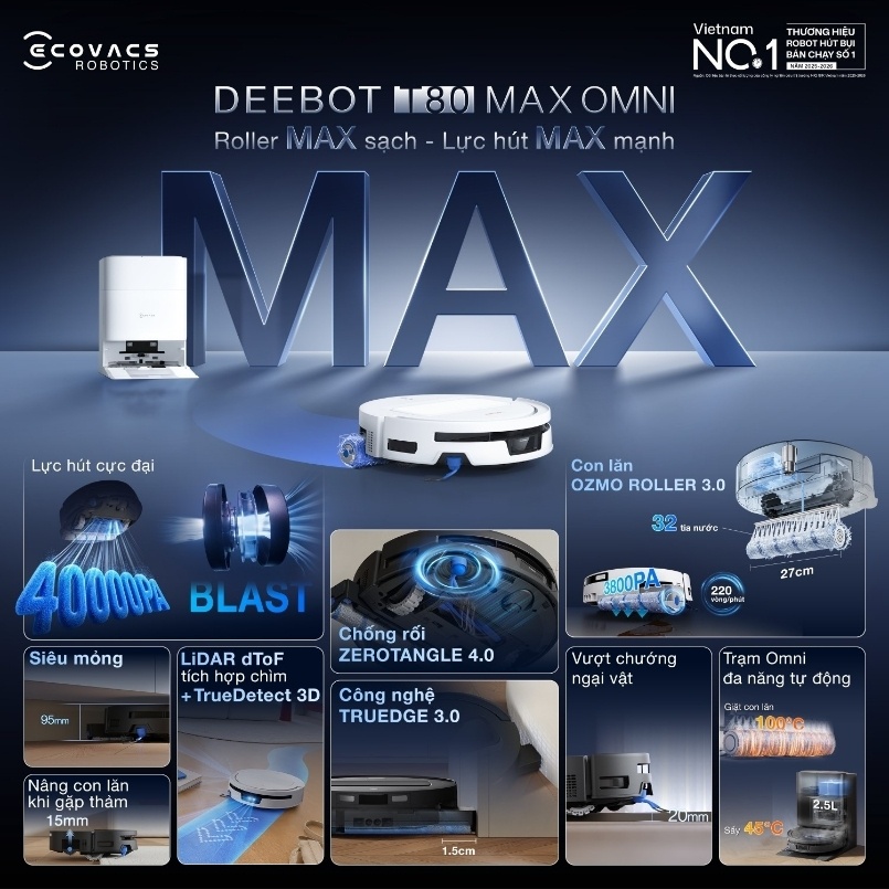 Robot hút bụi lau nhà Ecovacs Deebot T80 Max Omni với công nghệ con lăn OZMO ROLLER 3.0 và lực hút 40.000Pa